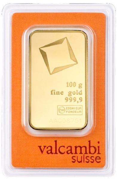 Sztabka złota Valcambi certipack 100 g rewers
