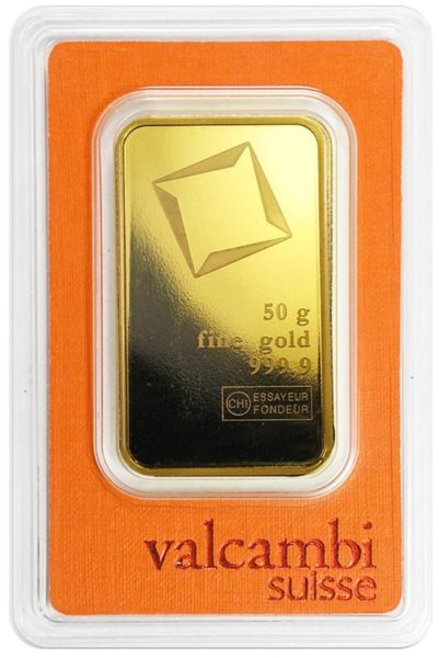 Sztabka złota Valcambi certipack 50 g rewers