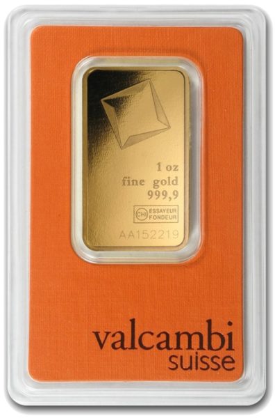 Sztabka złota Valcambi certipack 1 oz awers