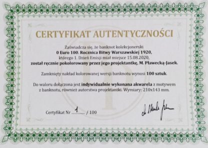 0 Euro Bitwa Warszawska banknot kolor certyfikat - GoldBroker.pl