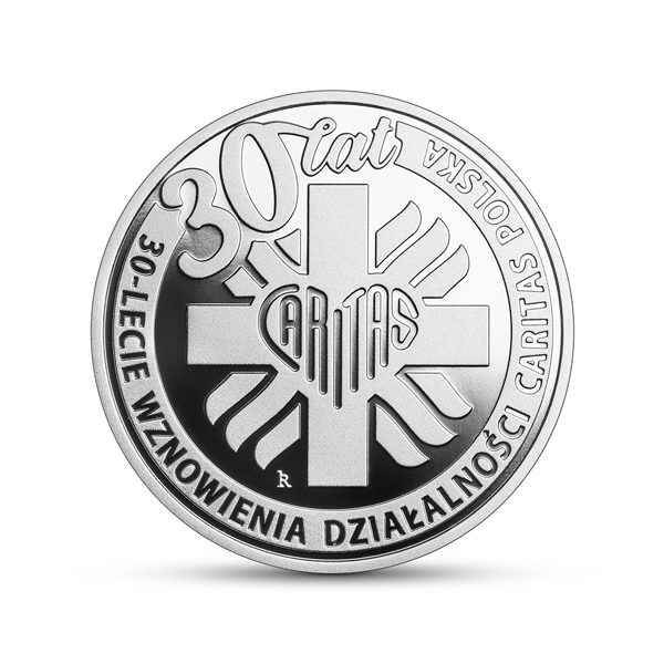 Srebrna moneta kolekcjonerska 30-lecie wznowienia działalności Caritas Polska rewers - GoldBroker.pl