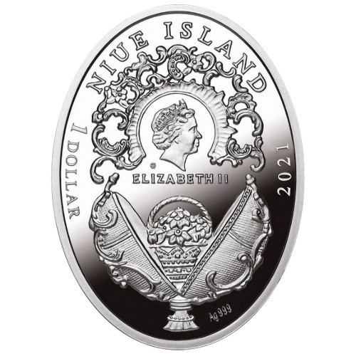 Srebrna moneta Jajo w kształcie szyszki pinii, Seria: Jaja Faberge awers - GoldBroker.pl