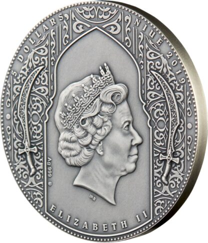 Srebrna moneta 5$ Nizaryci Asasini awers rant - GoldBroker.pl