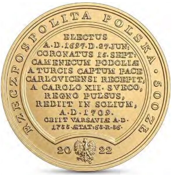 Złota moneta 500 zł Skarby Stanisława Augusta August II Mocny awers