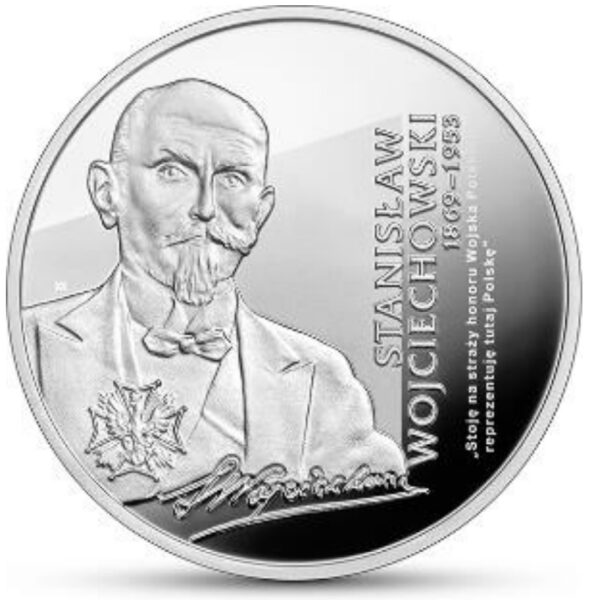 Srebrna moneta kolekcjonerska 10 zł Stanisław Wojciechowski rewers