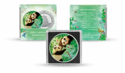 Srebrna moneta 30g Chińska Panda 2023 Four Seasons Spring prezentacja