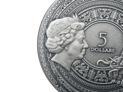 Srebrna moneta 5$ Marco Polo  prezentacja awers detal