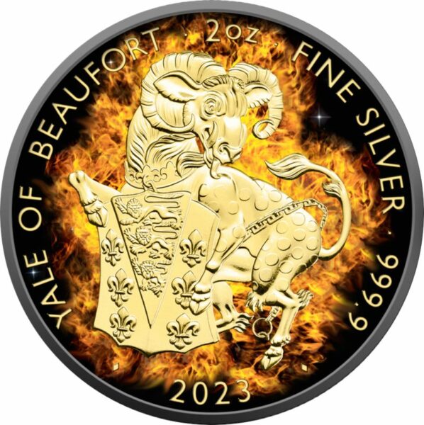 Srebrna moneta Płonący Koziorożec Królewskie Bestie Tudorów rewers