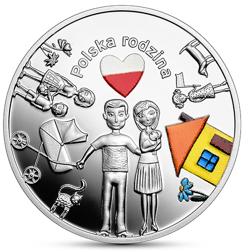 Srebrna moneta kolekcjonerska 10 zł W Polskę wierzę - Polska rodzina rewers