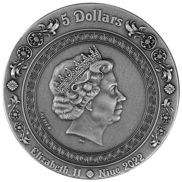 Srebrna moneta 5 $ Hera i Junona awers