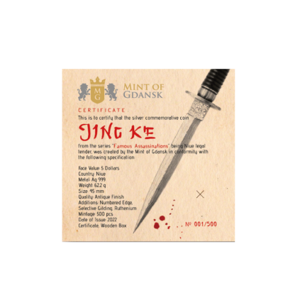Srebrna moneta 5$ Jing Ke Seria: Słynne zamachy certyfikat