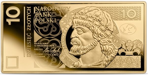 Złota moneta kolekcjonerska Polskie banknoty obiegowe – banknot o nominale 10 zł rewers