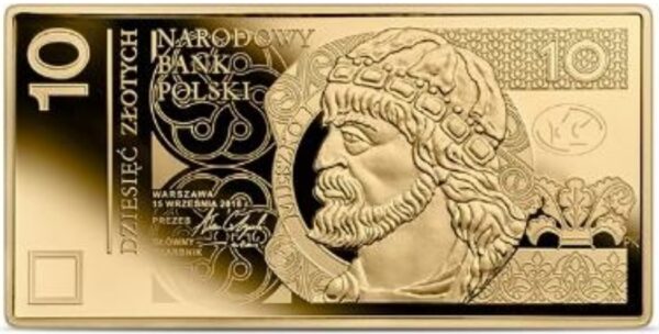 Złota moneta kolekcjonerska Polskie banknoty obiegowe – banknot o nominale 10 zł rewers