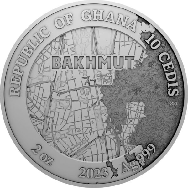 Srebrna moneta 10 cedi Twierdza Bachmut awers