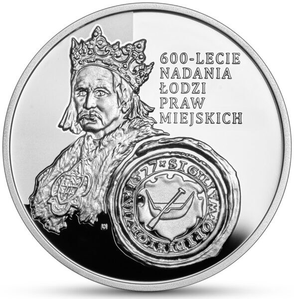 Srebrna moneta 10 zł 600-lecie nadania Łodzi praw miejskich rewers