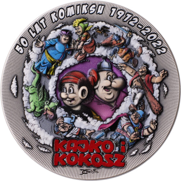 Srebrna moneta 5$ 50 lat komiksu 1972-2022 Kajko i Kokosz rewers