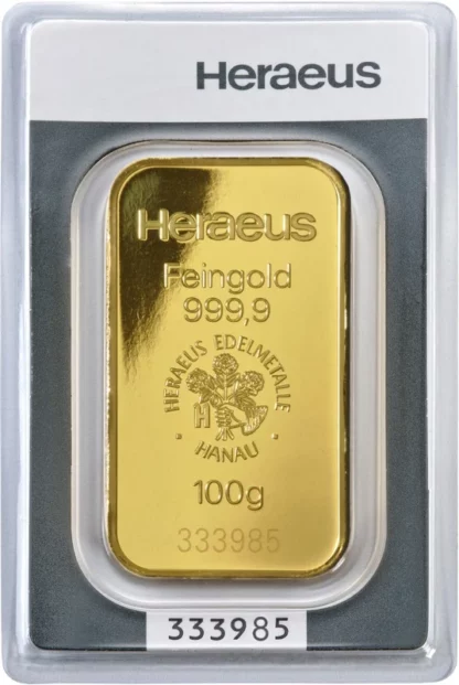 Sztabka złota 100 g Heraeus