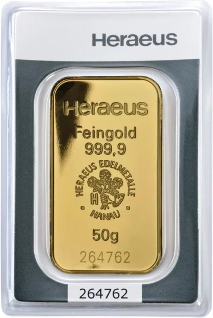 Sztabka złota 50 g Heraeus