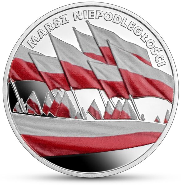 Srebrna moneta kolekcjonerska 10 zł Marsz Niepodległości rewers