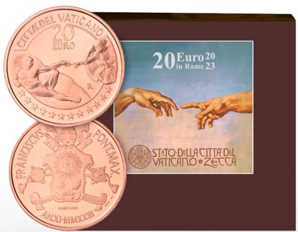 Miedziana moneta 20 euro Sztuka i Wiara Watykan
