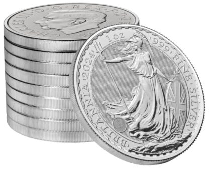 Srebrna moneta bulionowa 1 oz Britannia 2024 stos monet