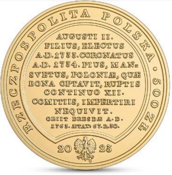 Złota moneta 500 zł August III Sas
