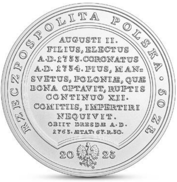 Srebrna moneta 50 zł Skarby Stanisława Augusta - August III Sas awers