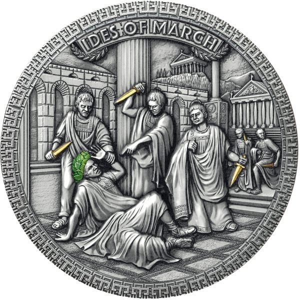 Srebrna moneta 5$ Idy Marcowe, Zamach na Juliusza Cezara, Seria: Słynne zamachy