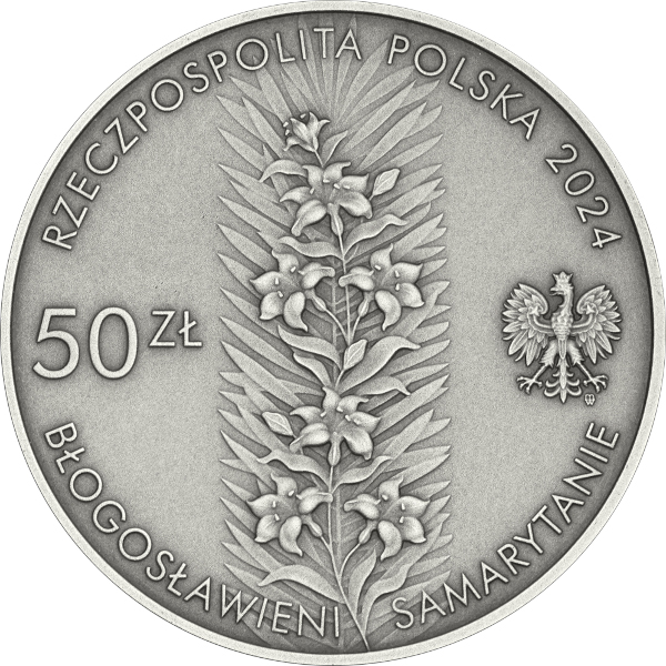 Srebrna moneta kolekcjonerska 50 zł Pamięci rodziny Ulmów awers
