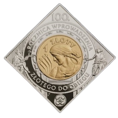 Srebrna moneta 1 zł 100. rocznica wprowadzenia złotego do obiegu rewers