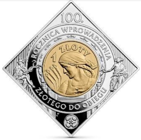 Srebrna moneta kolekcjonerska 1 zł 100. rocznica wprowadzenia złotego do obiegu rewers